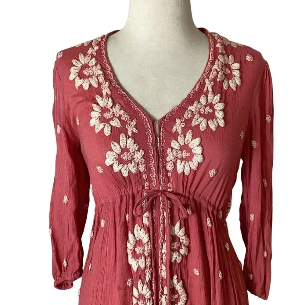 Free People Fable Embroidered Floral Midi Dress Dusty Rose Boho XS Gauze